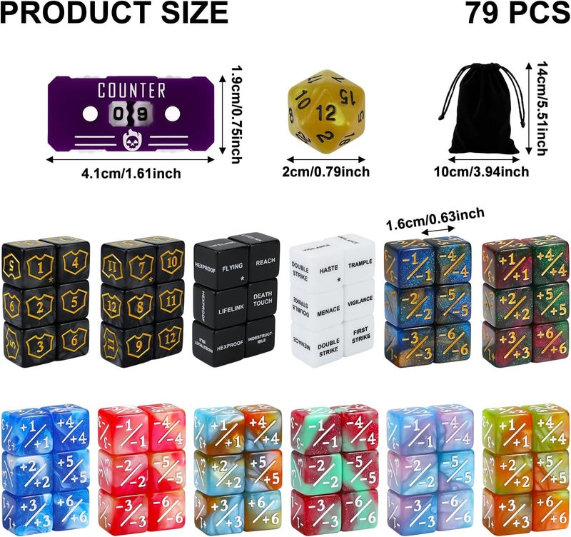 FIGURESLAB Store 79 PCS MTG Dice Life Counter Set for Magic Card, Health Tracker Life Counter Bulk Ability MTG +1/-1 Tokens Dice in 6 Colors, Compatible with Magic The Gatering TCG CCG Magic Card Gaming Accessories - Image 2